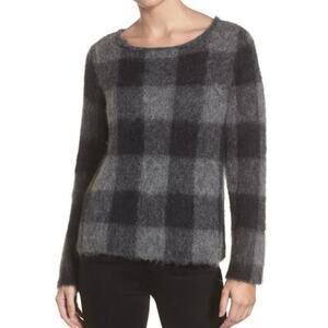 Eileen Fisher Mohair Alpaca Blend Check Plaid Sweater Black Gray Size Medium